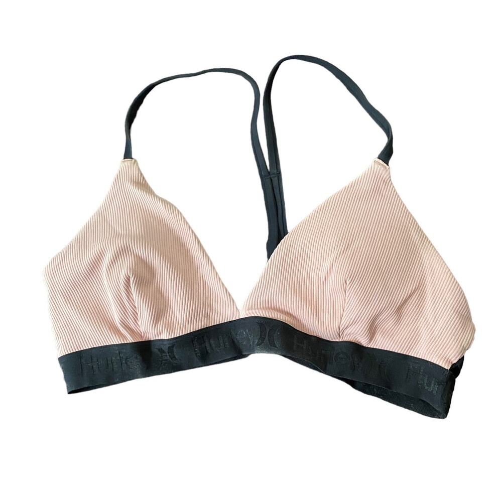 Hurley ribbed Bikini Swim Top blush pink black band Women Large swimsuit